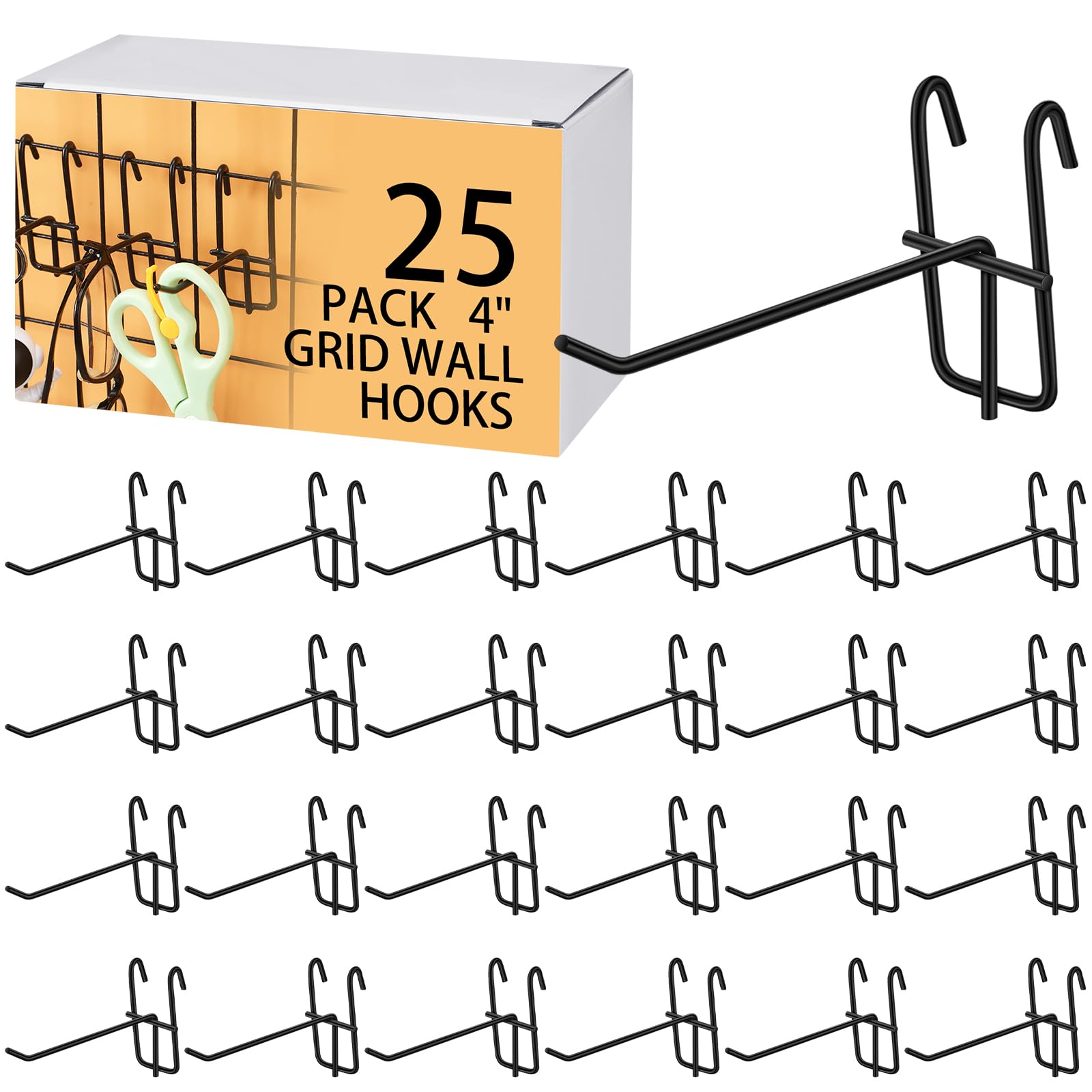 Moxweyeni 4 Inch Grid Wall Hooks 25 Pcs Gridwall Panel Hooks Store Garage Wall Mount Organizers Storage Grid Display Hangers for Retail, Craft Show, Home Setup, Customized Display (Black)