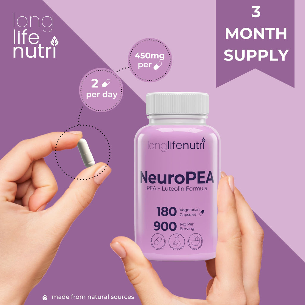 LongLifeNutri NeuroPEA (Palmitoylethanolamide + Luteolin 800mg/100mg) – Organic Supplement for Nerve Performance, 180 Vegetarian Capsules, 3-Month Supply, GMP Certified, USA Made