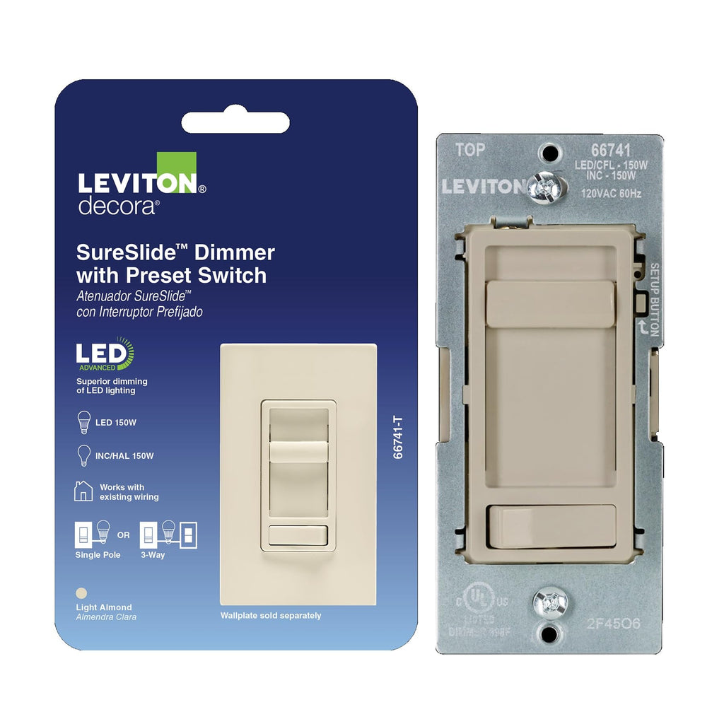 Leviton SureSlide LED Advanced Dimmer Switch for 150W Dimmable LED, Halogen and Incandescent Bulbs and Fixtures, 66741-T, Light Almond