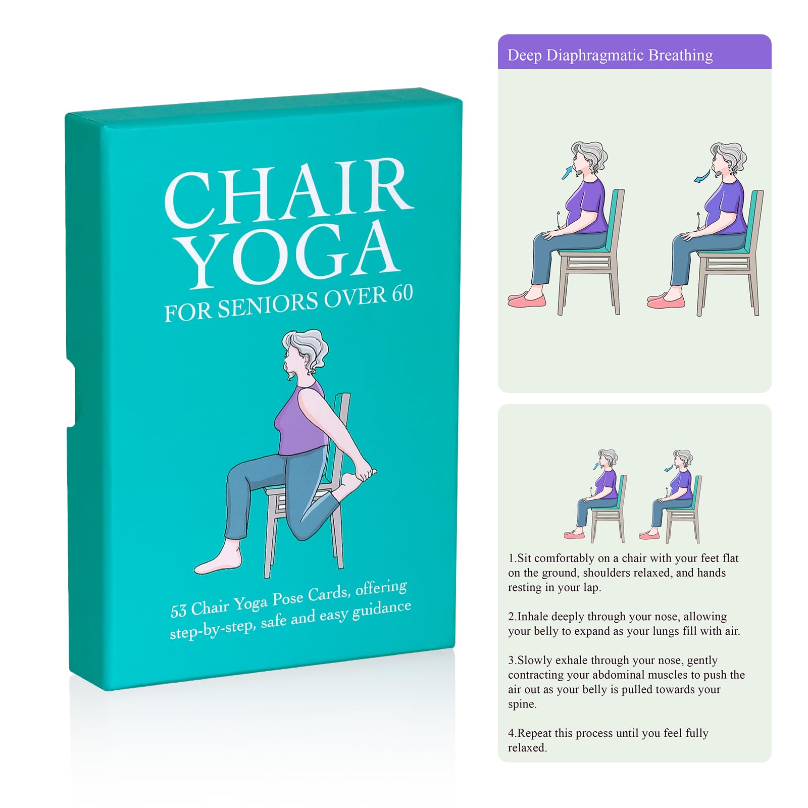 Chair Yoga Cards for Seniors Over 60, 53 Chair Yoga Pose with Step-by-Step Guides, Large Print Exercise Cards for Elderly, Gifts for Grandparents,Grandpa,Grandma,Get Well Gifts