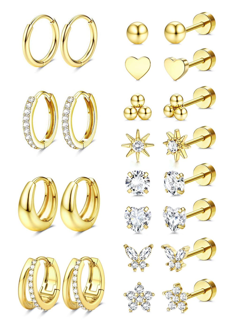 Jstyle Hypoallergenic 14k Gold Plated Stud Hoop Earrings for Women Surgical Stainless Steel Flat Back Earrings Small Stack Hoops Cartilage Earring Set for Multiple Piercing Jewelry Gifts for Women C