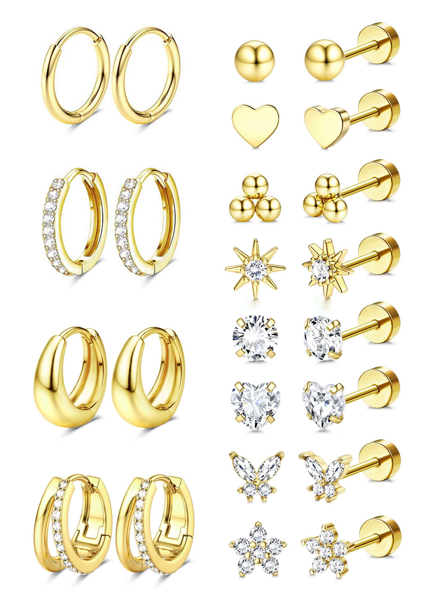 Jstyle Hypoallergenic 14k Gold Plated Stud Hoop Earrings for Women Surgical Stainless Steel Flat Back Earrings Small Stack Hoops Cartilage Earring Set for Multiple Piercing Jewelry Gifts for Women C