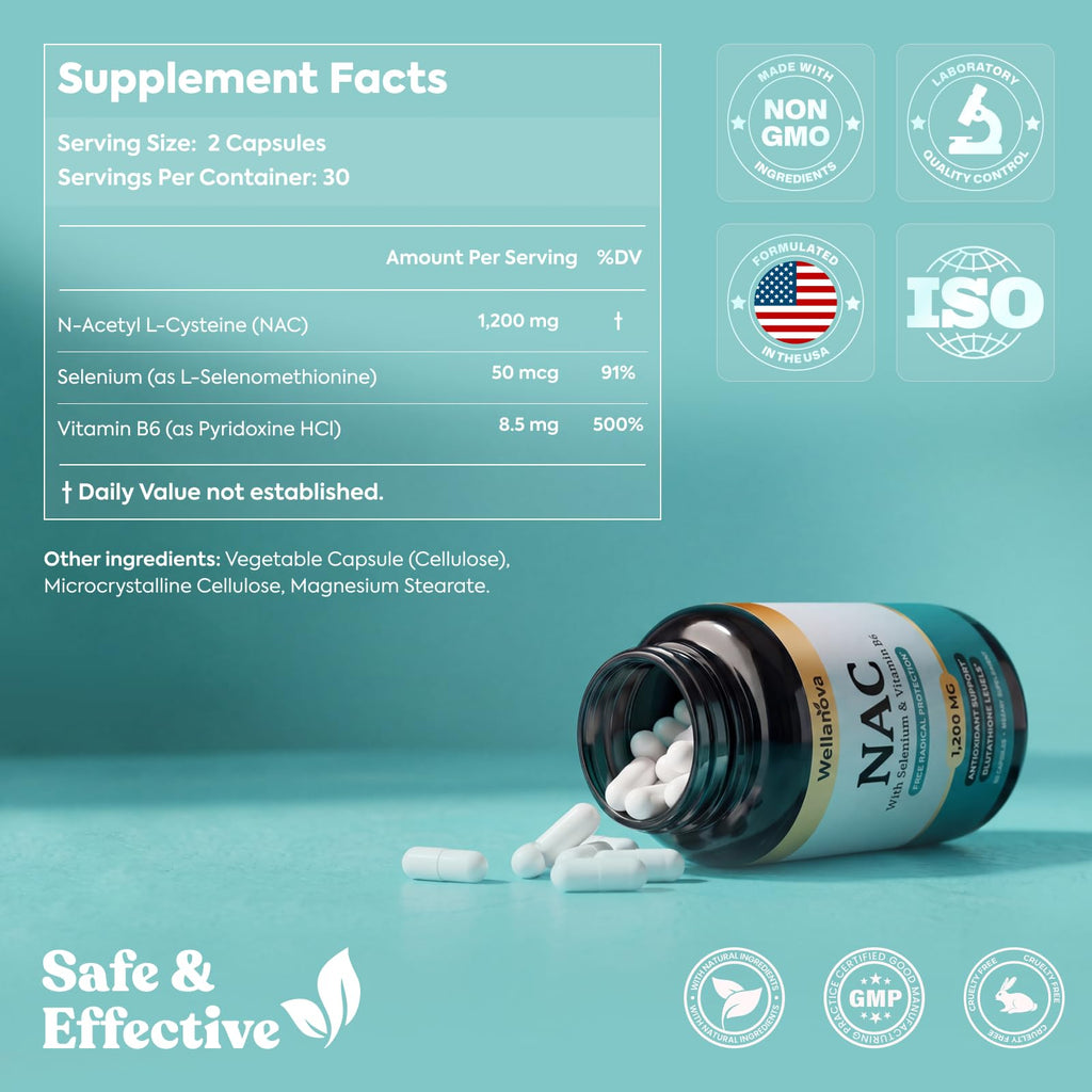 NAC Supplement 1,200 mg – 100% Pure N-Acetyl Cysteine (NAC) with Selenium & Vitamin B6 – Antioxidant & Glutathione Support – 60 Capsules