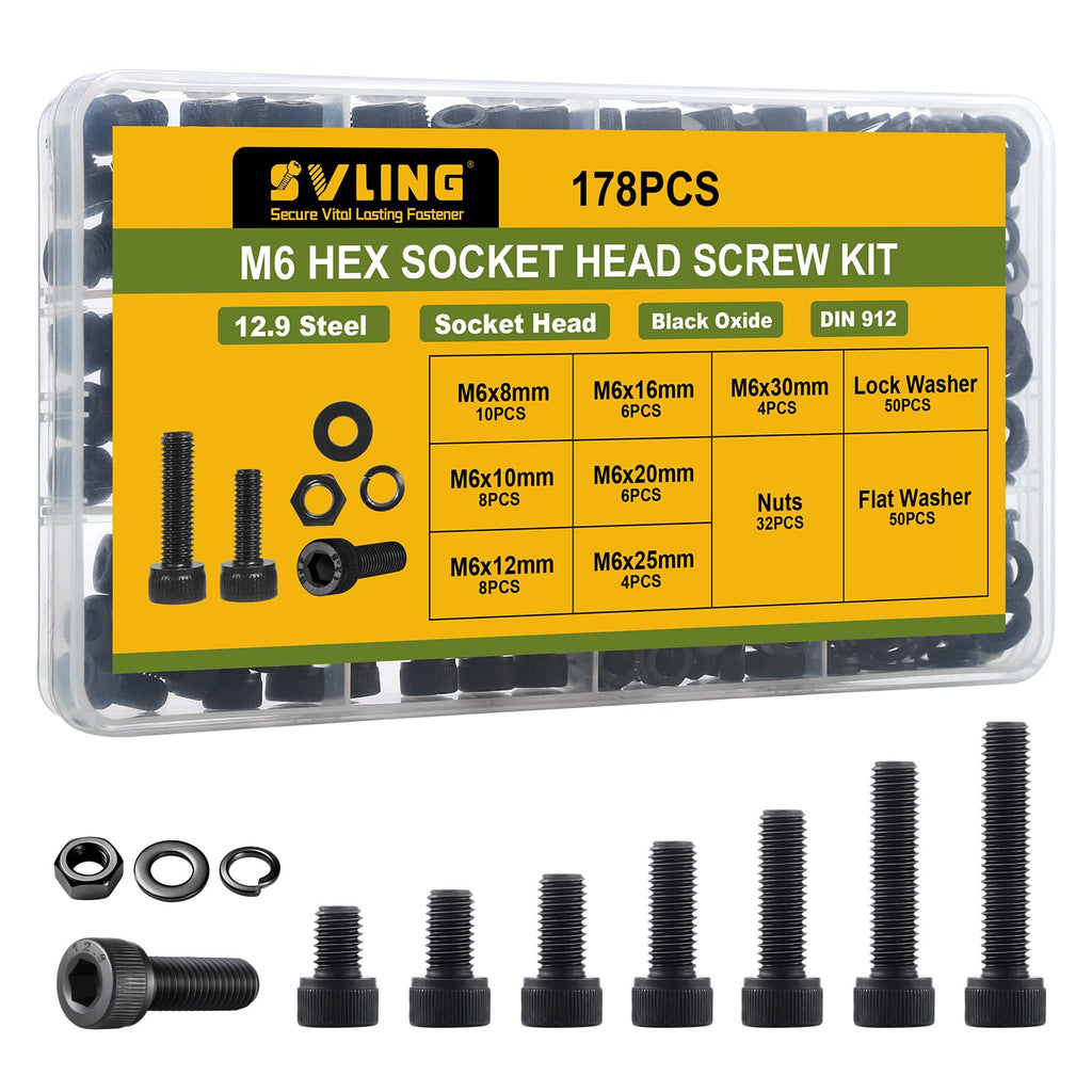SVLING 178Pcs M6 Screws Assortment Kit,Hex Socket Head Cap Screws Bolts Nuts Washer Set,12.9 Grade Alloy Steel,Black Oxide M6x 8/10/12/16/20/25/30mm,for 3D Printer,DIY Project