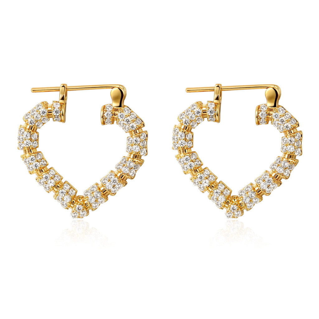 Heart Hoop Earrings for Women 14K Gold Plated Hypoallergenic Bamboo Cubic Zirconia Hoops Lightweight Heart Huggie Earrings for Women Jewelry Gift