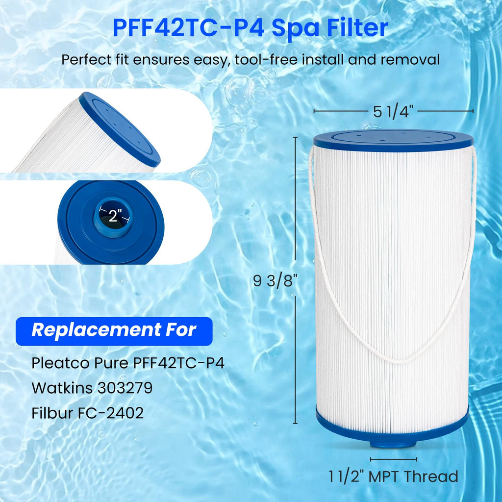 Future Way Hot Tub Filter Replacement for Lifesmart, AquaTerra Spa, Freeflow, Replace Pleatco Pure PFF42TC-P4, Watkins 303279, 78460, Filbur FC-2402, Spa Filters, 42 Sq. Ft, 2 Pack