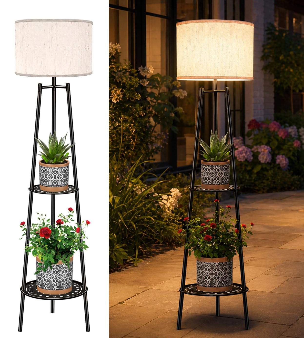 VISFLAIR Outdoor Solar Floor Lamp with 2-Tier Plant Stand, Cordless 46'' Tall Standing Patio Light with White Shade & Edison Bulb, Waterproof Metal Display Shelf for Porch, Deck, Balcony Garden Decor