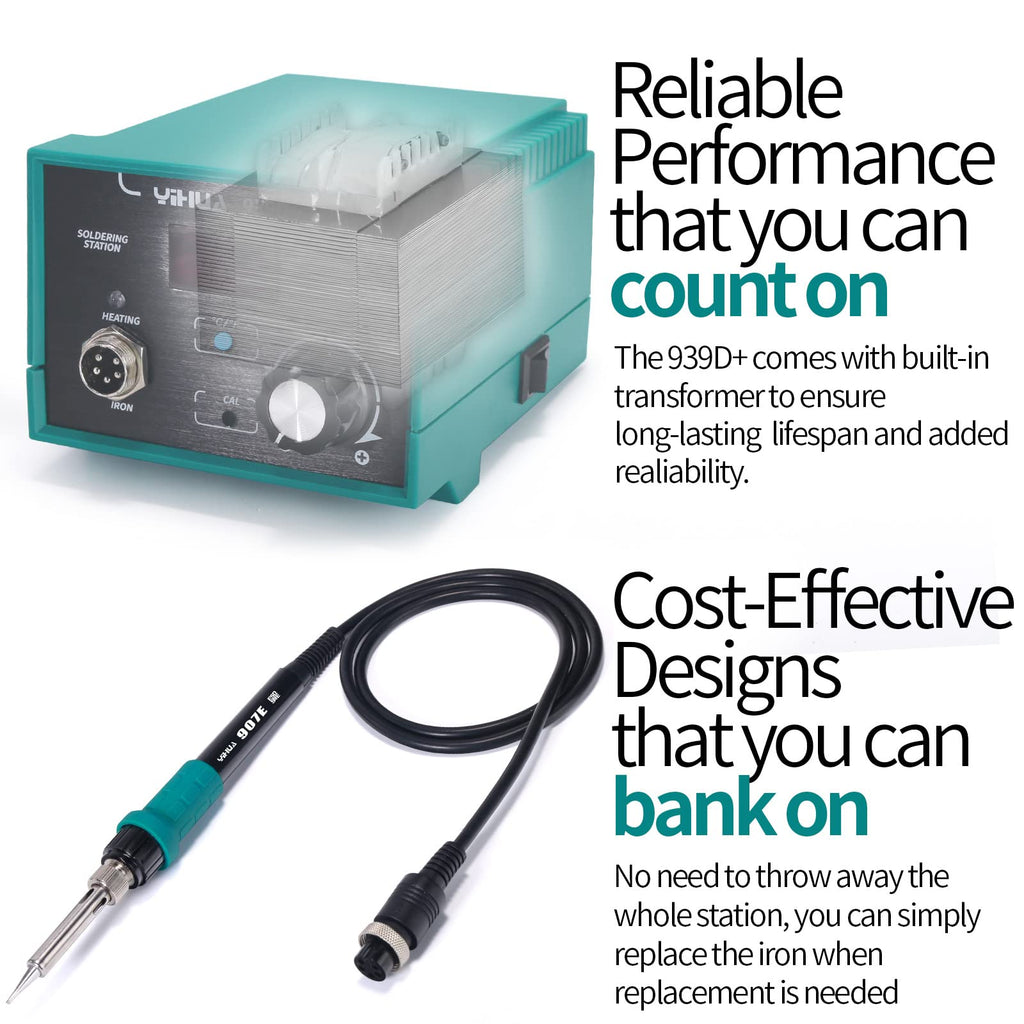 YIHUA 939D+ Digital Soldering Station, 75W Equivalent with Precision Heat Control (392°F to 896°F) and Built-in Transformer. ESD Safe, Lead Free with °C/°F display (Green)