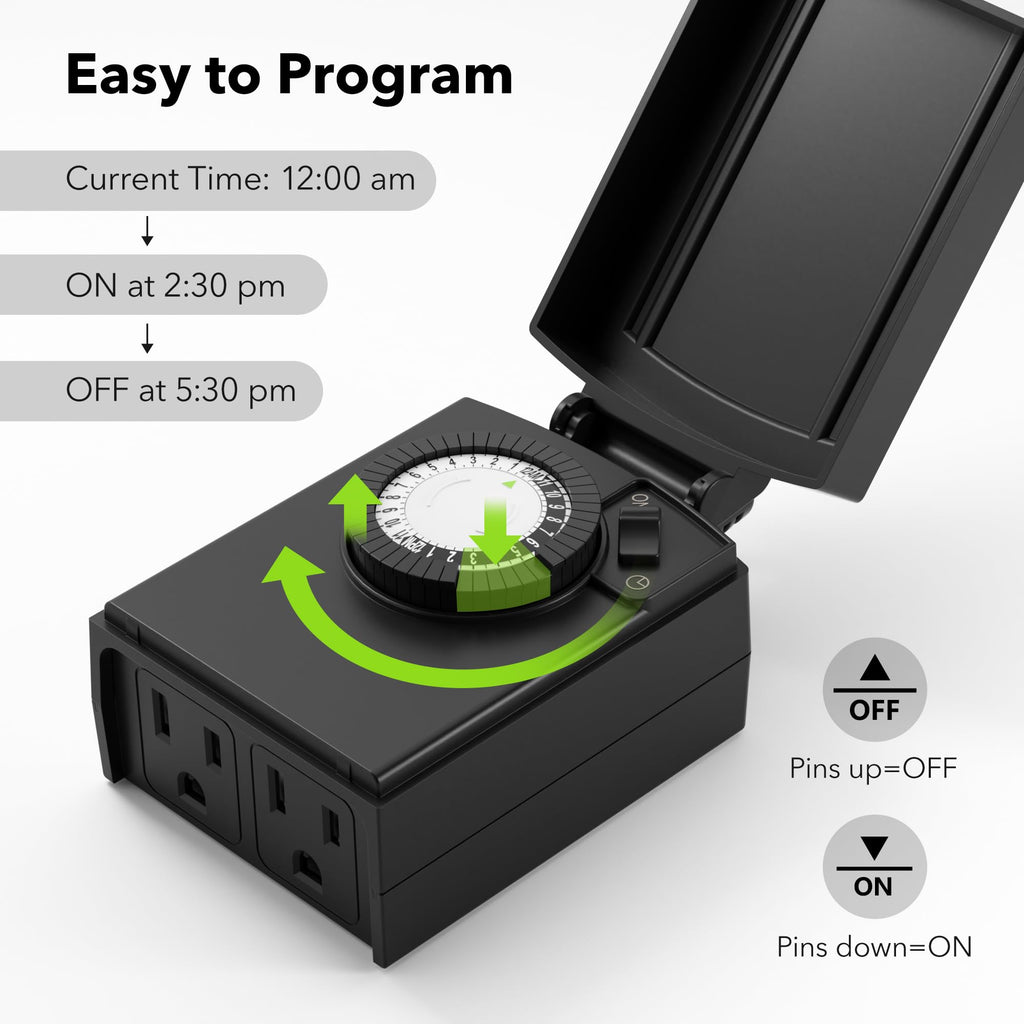 BN-LINK Outdoor 24-Hour Mechanical Timer Outlet, 2 Grounded Outlets, 2 Pack