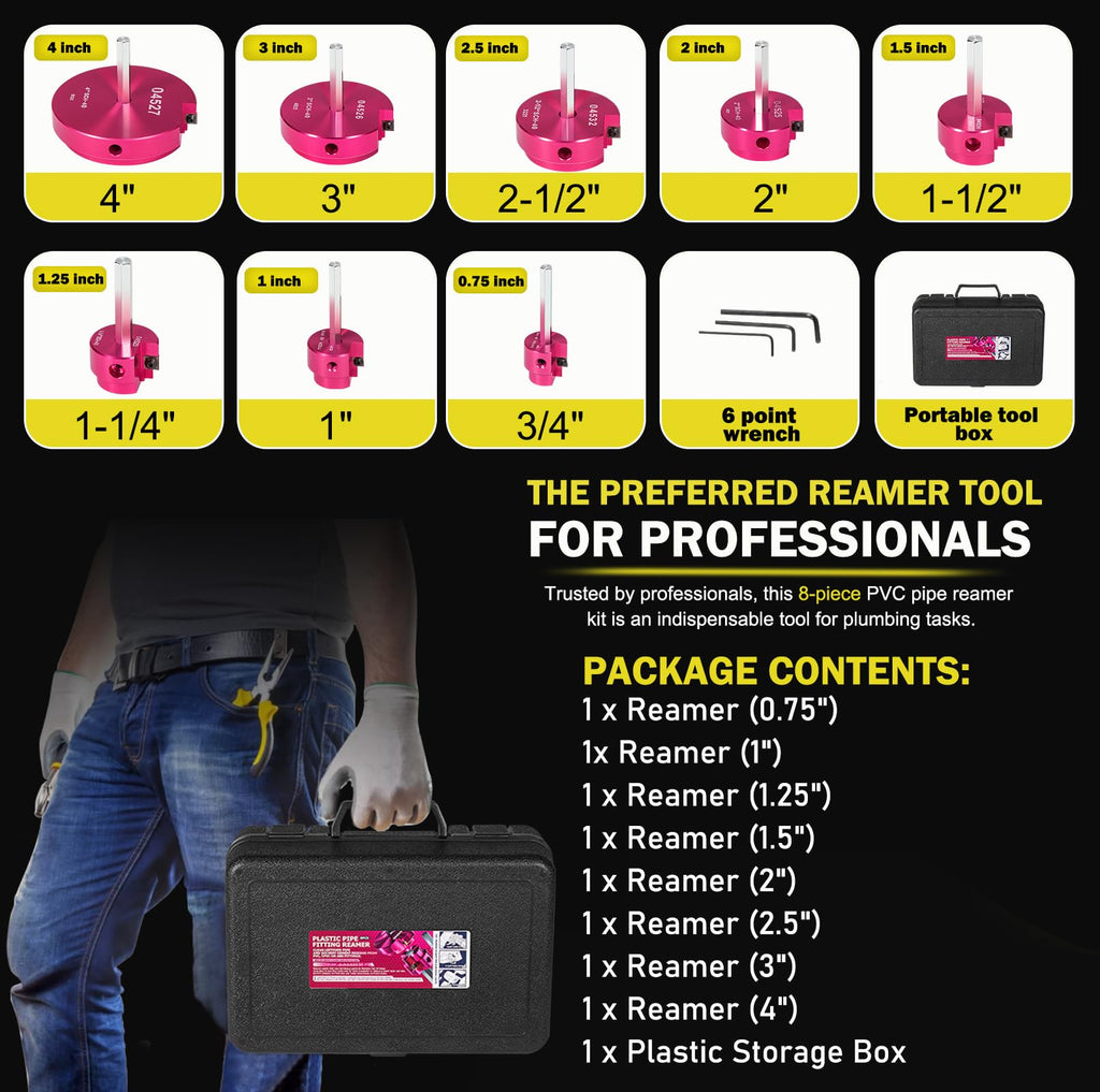 Premium 8Pcs PVC Pipe Reamer Kit - Complete Reamer Set, Fits Standard 1/2" Drills, Includes P3/4", 1", 1-1/4", 1-1/2", 2", 2-1/2", 3", 4" For Standard 1/2" Drills, Ideal for PVC, CPVC, ABS Pipes