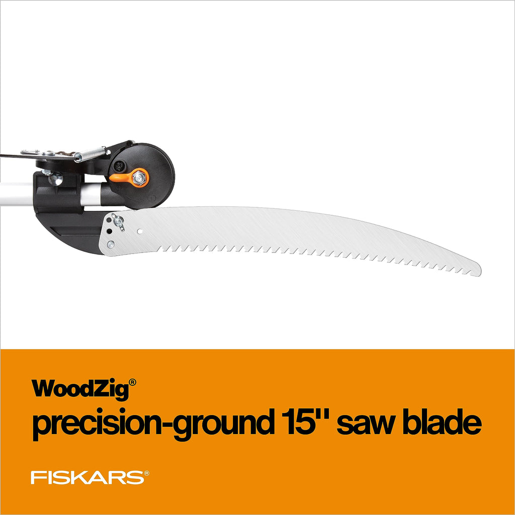 Fiskars 2-in-1 Extendable Tree Pruner and Pole Saw (Extends 7.9 - 12 feet) with Rotating Head, Pruning Stik Model with 15-Inch Double-Grind Saw Blade, and Double Locking System