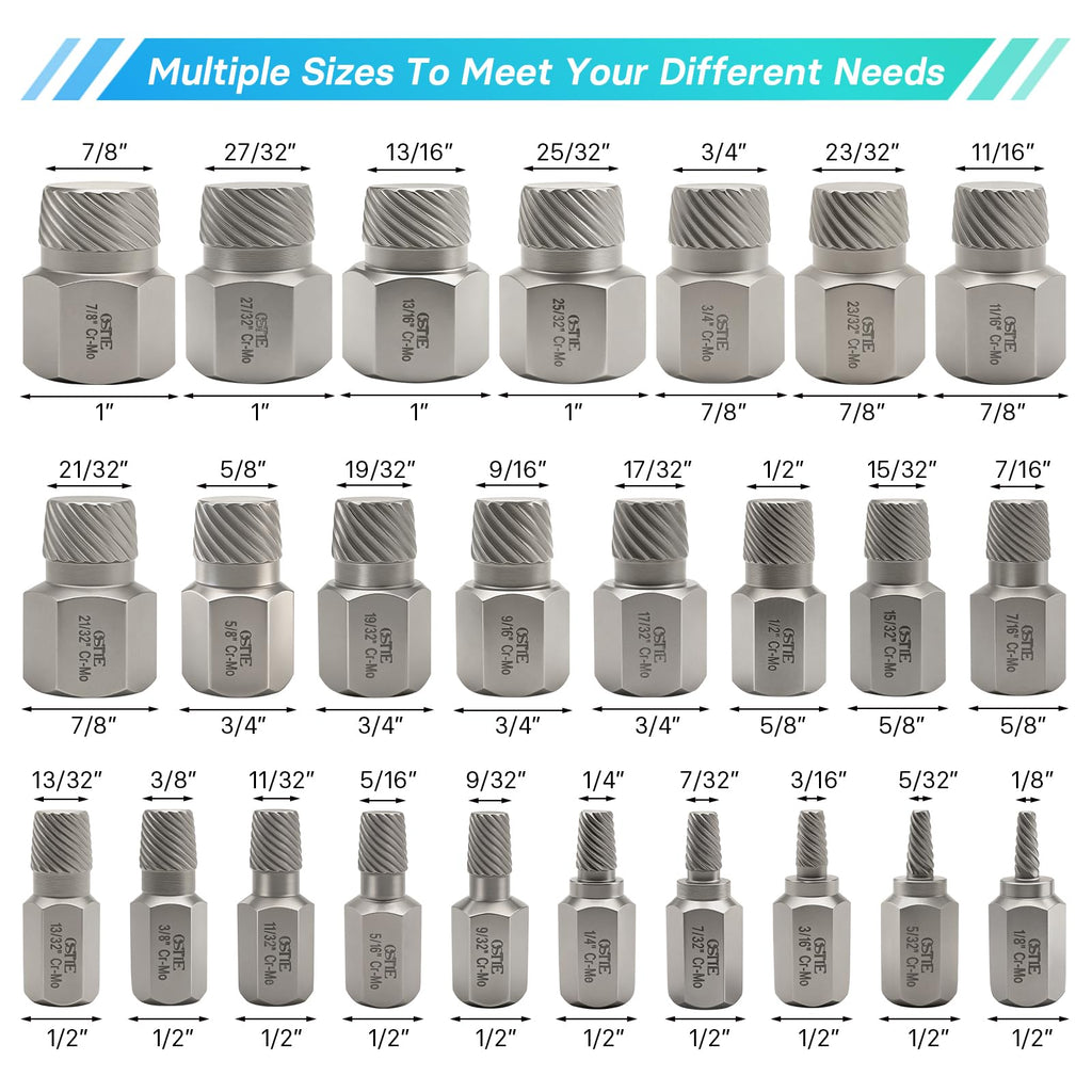 OSTTE 25Pcs Bolt Extractor Kit, Screw Extractor Set Hex Head, Multi-Spline Easy Out Bolt Extractor Tool, Removes Broken Stripped Screws Bolts, Cr-Mo