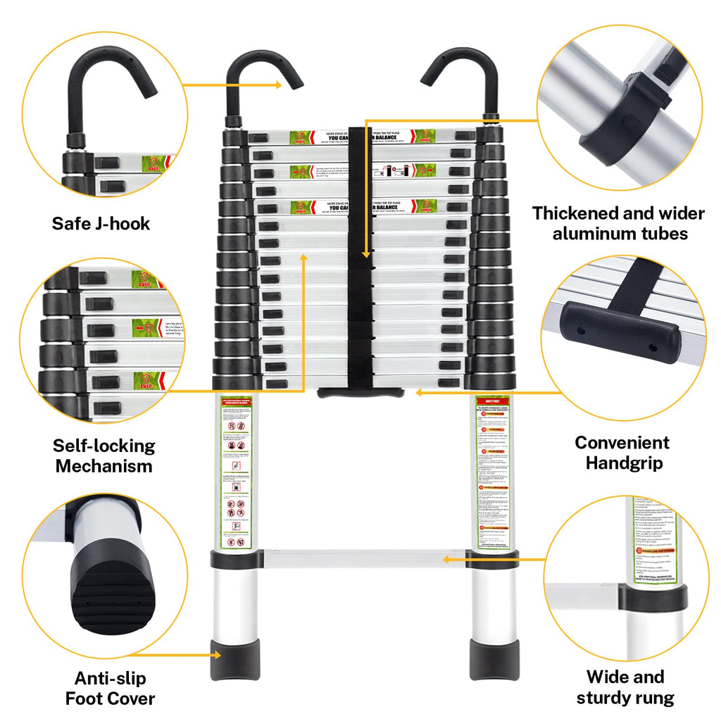 RIKADE Telescoping Ladder, 20.3 FT Aluminum Lightweight Collapsible Ladder with Detachable Top Hooks, 330 lbs Max Load, Extension Ladder for RV, Roof and Construction, Aluminum