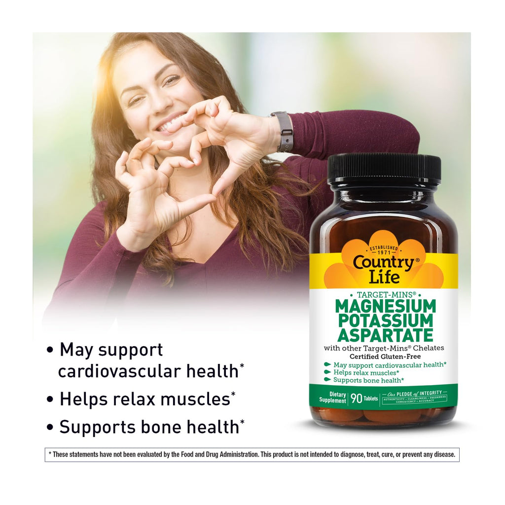 Country Life Target-Mins Magnesium Potassium Aspartate, 600mg/198mg, 90 Tablets, Certified Gluten Free, Certified Vegan (Pack of 2)