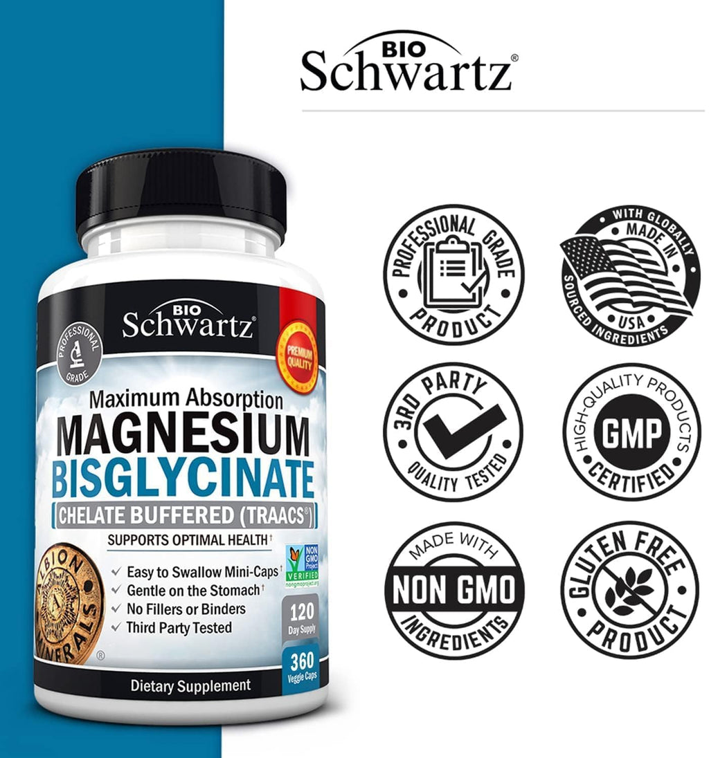 Magnesium Bisglycinate Chelated Supplement - High Absorption Magnesium Glycinate Supplement for Women and Men - Sleep, Muscle, Bone & Joint Support - Non-GMO, Non-Laxative Chelate - 360 Capsules