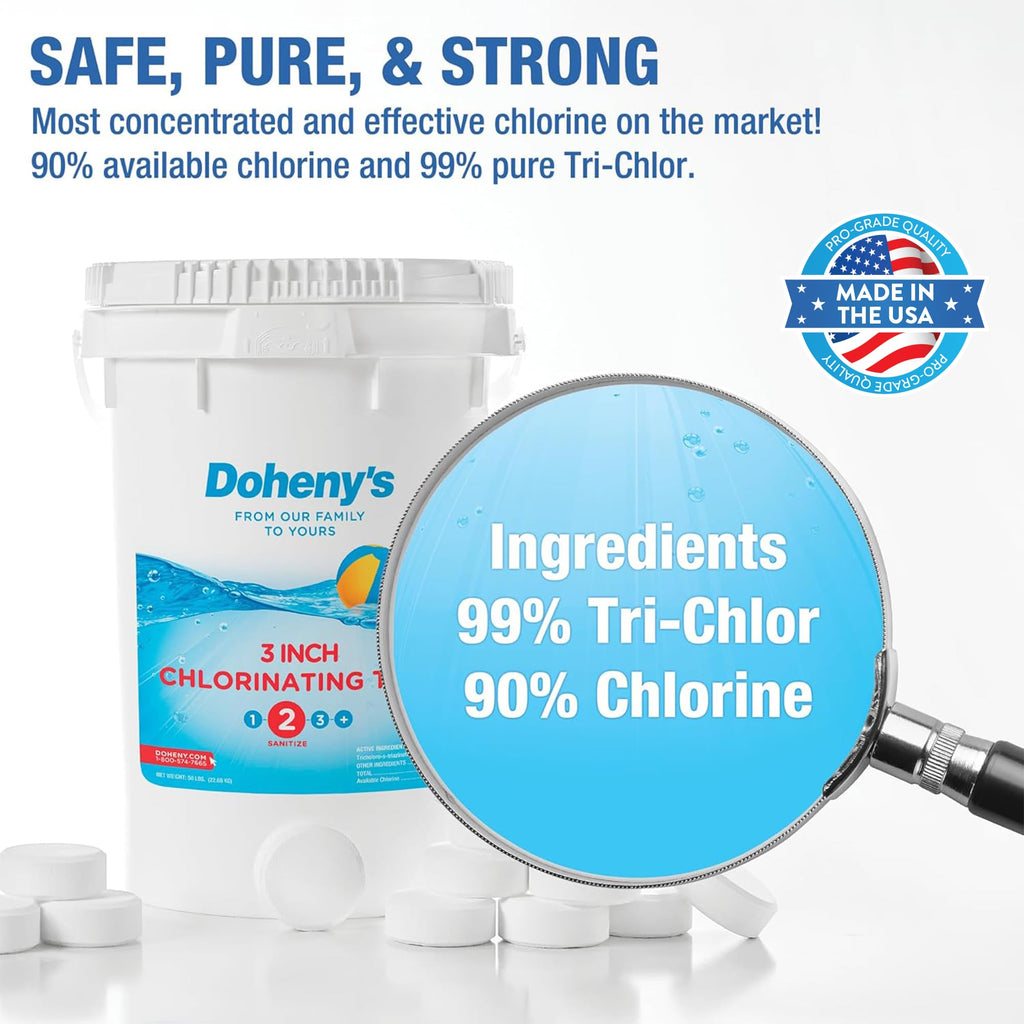 Doheny’s 3-Inch Stabilized Chlorine Tablets for Sanitizing Swimming Pools | 99% Pure Tri-Chlor, 90% Available Chlorine | Long-Lasting, UV-Protected, Slow-Dissolving | Individually Wrapped 50lb Bucket