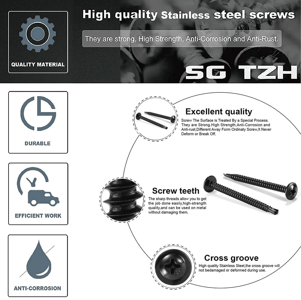 #10 x 3 Sheet Metal Screws 250PCS 410 Stainless Steel Truss Head Fast Self Tapping Screws Black Oxide by SG TZH