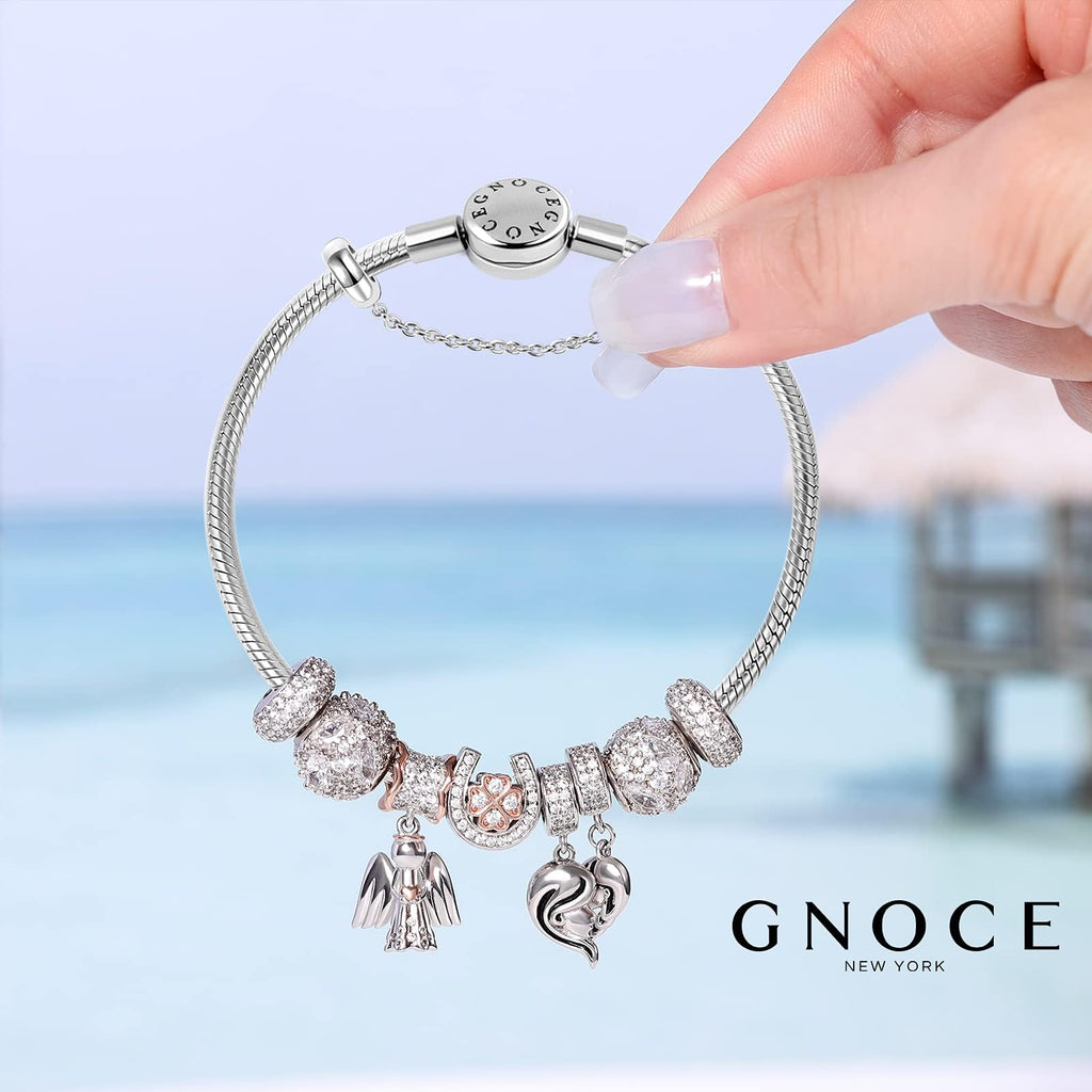 GNOCE Stainless Steel Snake Chain Charm Bracelet W/Safety Gift for Women(7.5in)