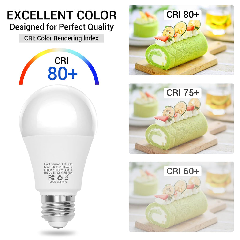 Boxlood Dusk to Dawn LED Outdoor Light Bulb, 12W Supper Bright A19 Dusk to Dawn Light Bulbs, Auto on/Off Photocell Automatic for Indoor Outdoor, 6000K, 6 Pack