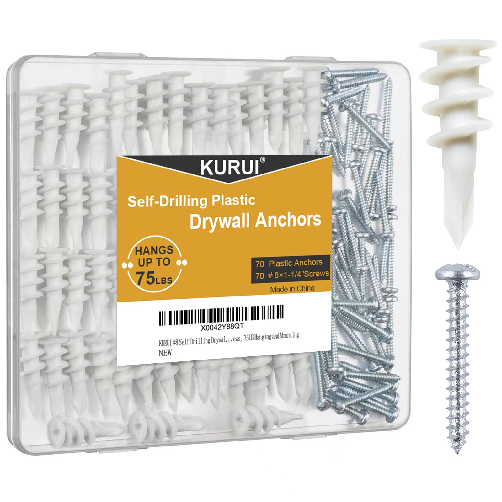 KURUI Wall Hanging Kit for Wall Art Decor Frame Curtain Rods, 135Pcs Heavy Duty Drywall Anchors Substitute Picture Hanging Nails, 70 Dry Wall Anchor and 70 8 x 1-1/4'' Screws, 75Lb Picture Hangers