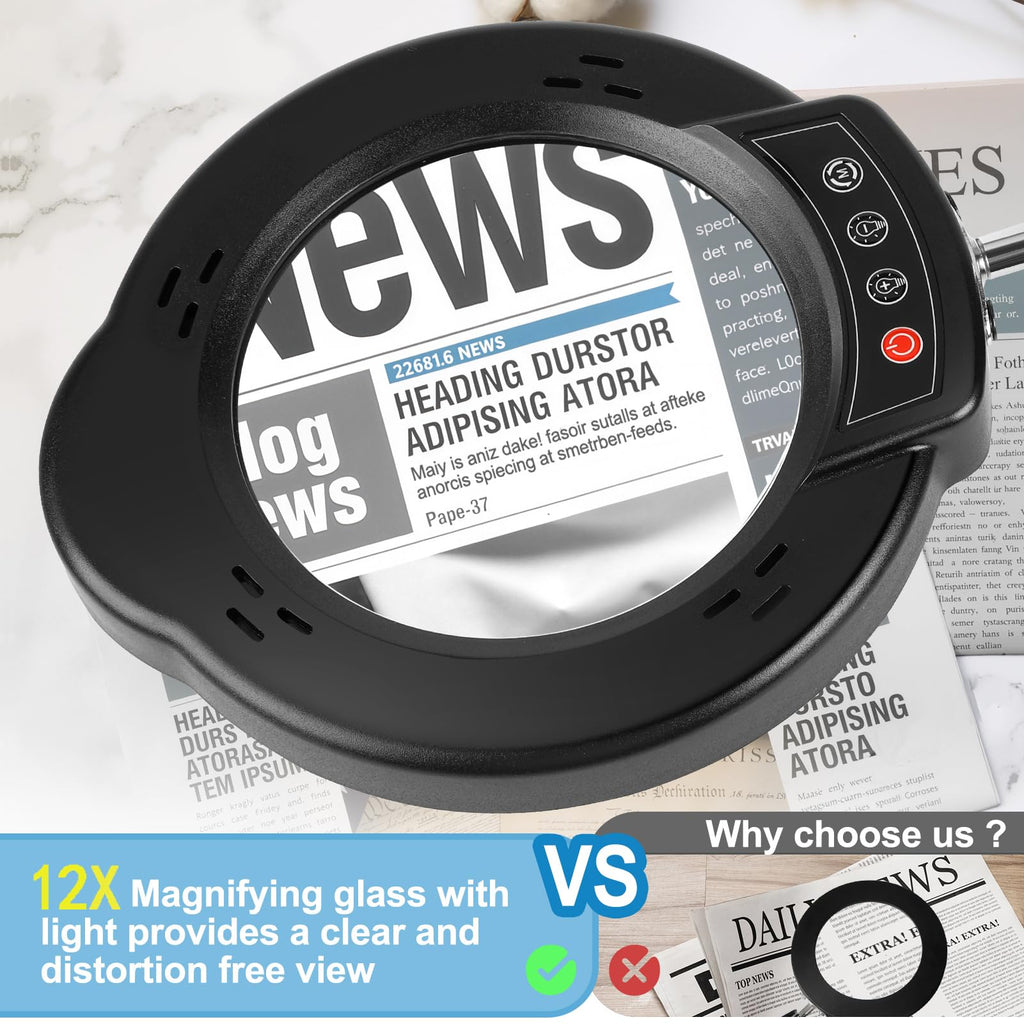 Upgrade 12X Magnifying Glass with Light and Stand, Real Glass Magnifying lamp, 5 Color Modes Stepless Dimmable,84LEDs Desk Lamp, Magnifier with Light Hands Free for Close Work, Reading Craft Repair