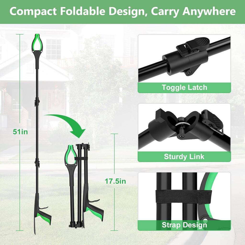 51" Extra Long Grabber Reacher Tool, Foldable Reacher Grabber Pickup Tool with Magnetic Tip & 360° Rotating Anti-Slip Claw, Extension Grabber for Seniors, Indoor and Outdoor Trash Picker