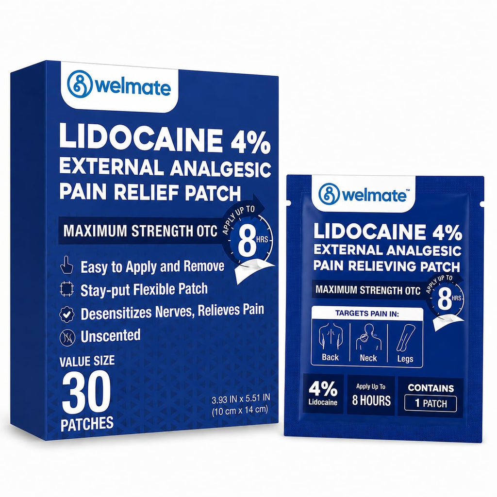 WELMATE - 4% Lidocaine Numbing Patch - Maximum Strength - Temporary Relief of Pain, Back, Neck, Shoulders, Knees, Elbows, Minor Skin Irritations - Topical Analgesic Unscented - 30 ct