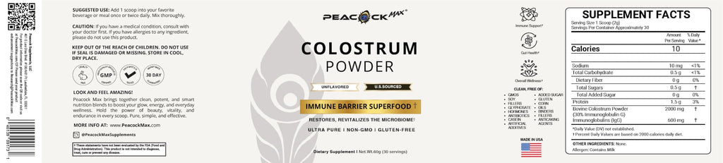 Peacock Max Colostrum Powder – 60g (30 Servings), Unflavored Bovine Colostrum Supplement, Superfood for Hair, Skin & Gut Health, Gluten-Free, Non-GMO