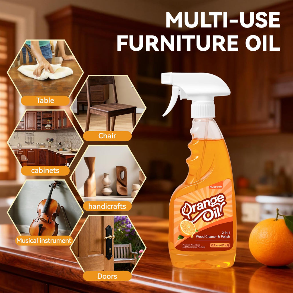 Alofoyo 2-in-1 Furniture Polish Wood Cleaner - 2Pack Natural Orange Oil Spray Protect Wood Surface Safely, Enhanced Furniture Restorer Finish Cabinets, Tables, Antique, Floor, 32oz Total