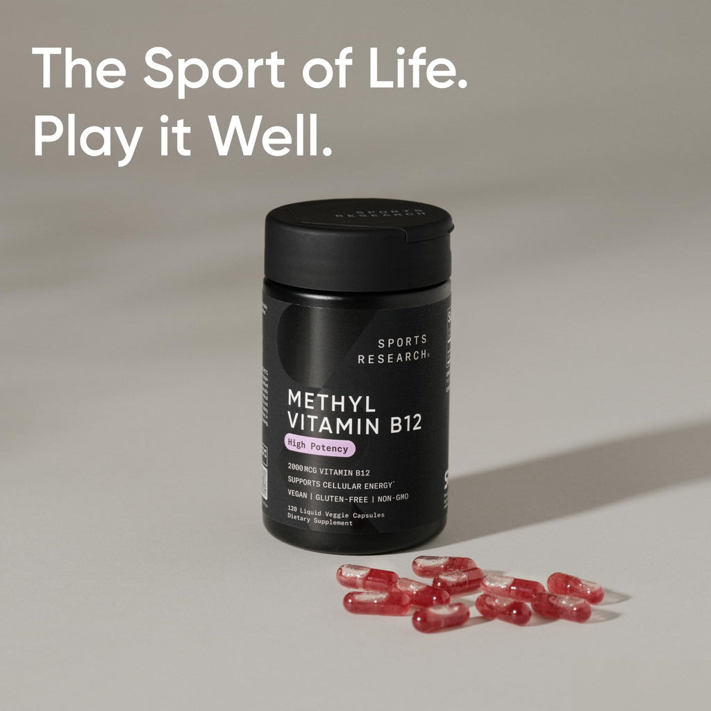 Sports Research® Vitamin B12 as Methylcobalamin 2000mcg - Plant Based B12 w/Coconut MCT Oil for Energy Metabolism Support - Vegan Certified · Non-GMO · Gluten Free - 120 Liquid Caps