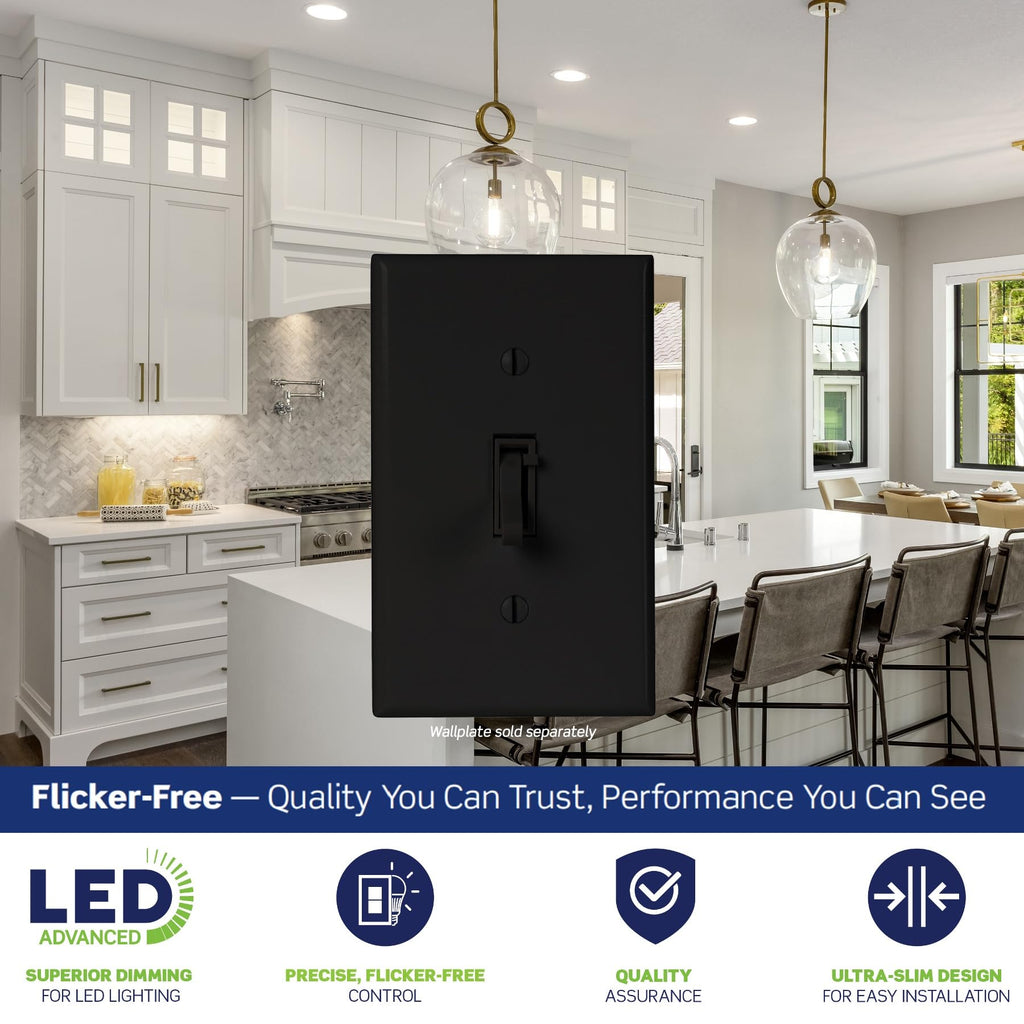 Leviton Toggle Slide LED Advanced Dimmer Switch for 150W Dimmable LED, Halogen and Incandescent Bulbs and Fixtures, TSL01-10E, Black