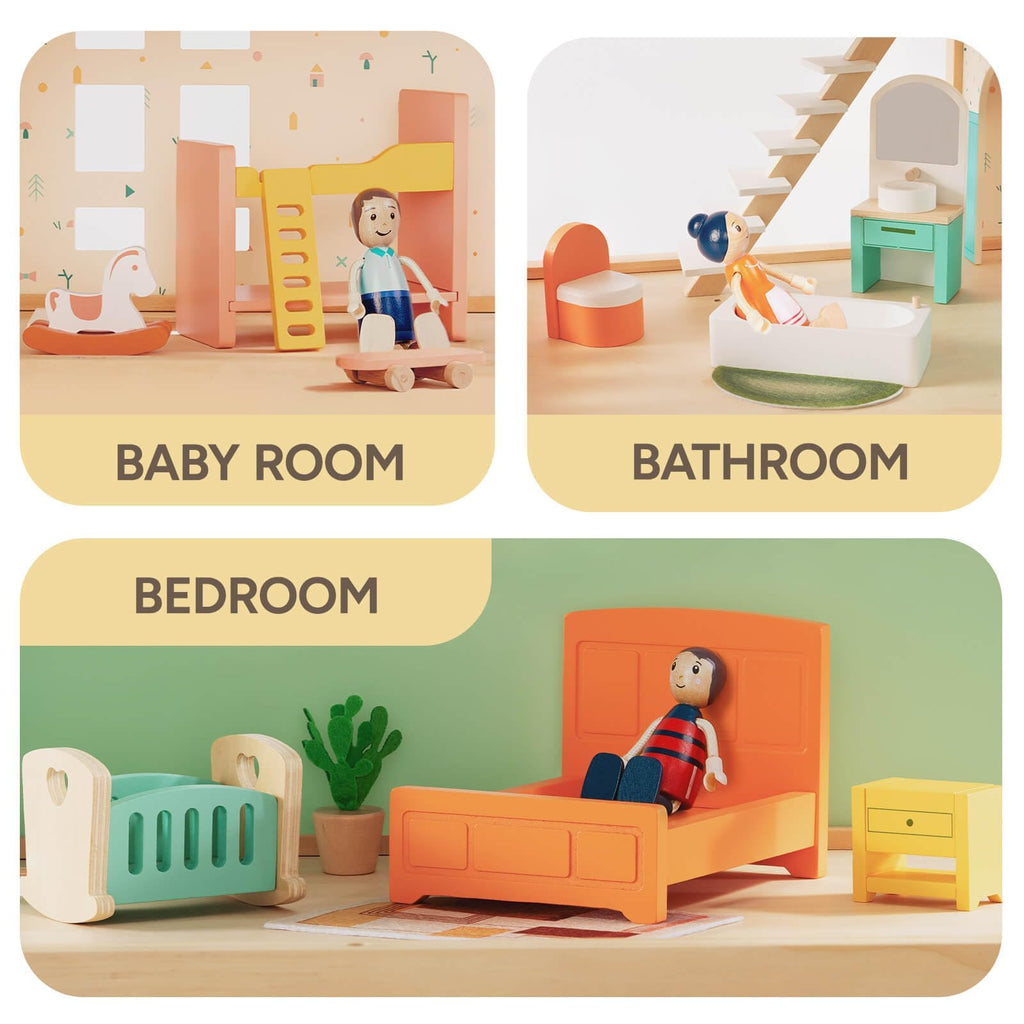 Giant bean 26 Pcs Large Wooden Dollhouse Furniture 5 Set for Kitchen, Living Room, Bedroom, Bathroom, Babyroom, Candy Dollhouse Accessories & Furniture Toy for Girls Boys Kids 3+