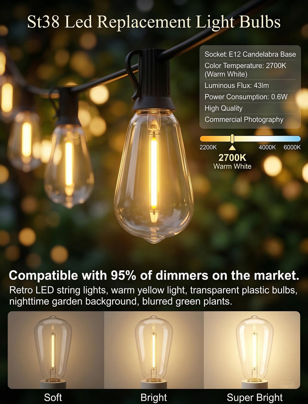 Konictom ST38 E12 LED Replacement Bulbs for Outdoor String Lights, 25 Pack 0.6W 120V Shatterproof Plastic Edison Bulbs, 2700K Warm White, 43LM IP65 Waterproof Dimmable Patio Light Bulbs