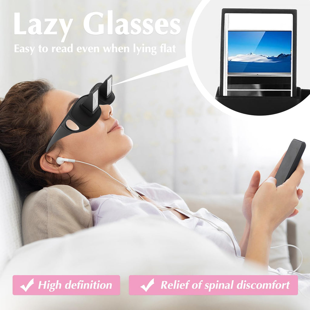 Beiskll Lazy Glasses - Horizontal Reading Prism Glasses, 2 Pack Bed Lie Down Reading & Watching TV Spectacles, Unisex Lightweight Periscope Eyewear（Black+Pink）