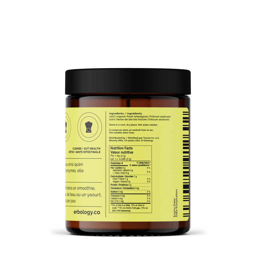 Erbology Organic Wheatgrass Powder 3.2 oz - 45 Servings - Body Cleansing and Gut Health Support - Rich in Chlorophyll and Iron - Sustainably Sourced in Europe - Small Batch - Vegan - GMO-Free