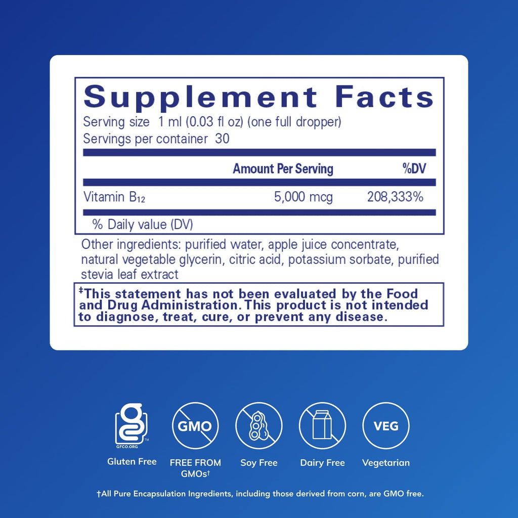 Pure Encapsulations B12 5,000 Liquid - Vitamin B12 Methylcobalamin Supplement to Support Energy, Nerve Health, Cognitive Function & Blood Cells* - Liquid Drops - 1 Fl Oz
