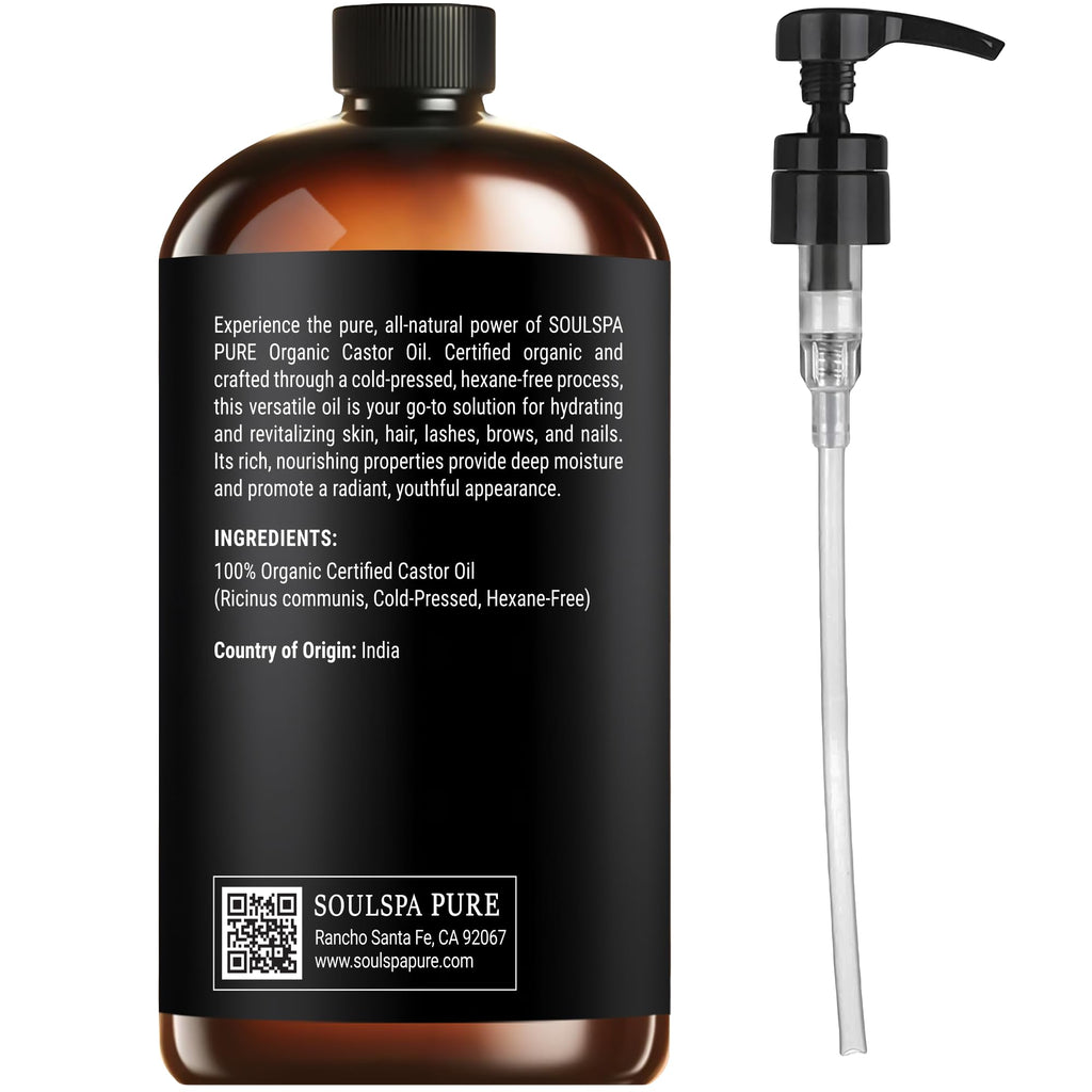 SOULSPA PURE Organic Castor Oil Glass Bottle for Hair Growth Face Scalp Skin USDA Certified 100% Pure Castor Oil Organic Glass Bottle