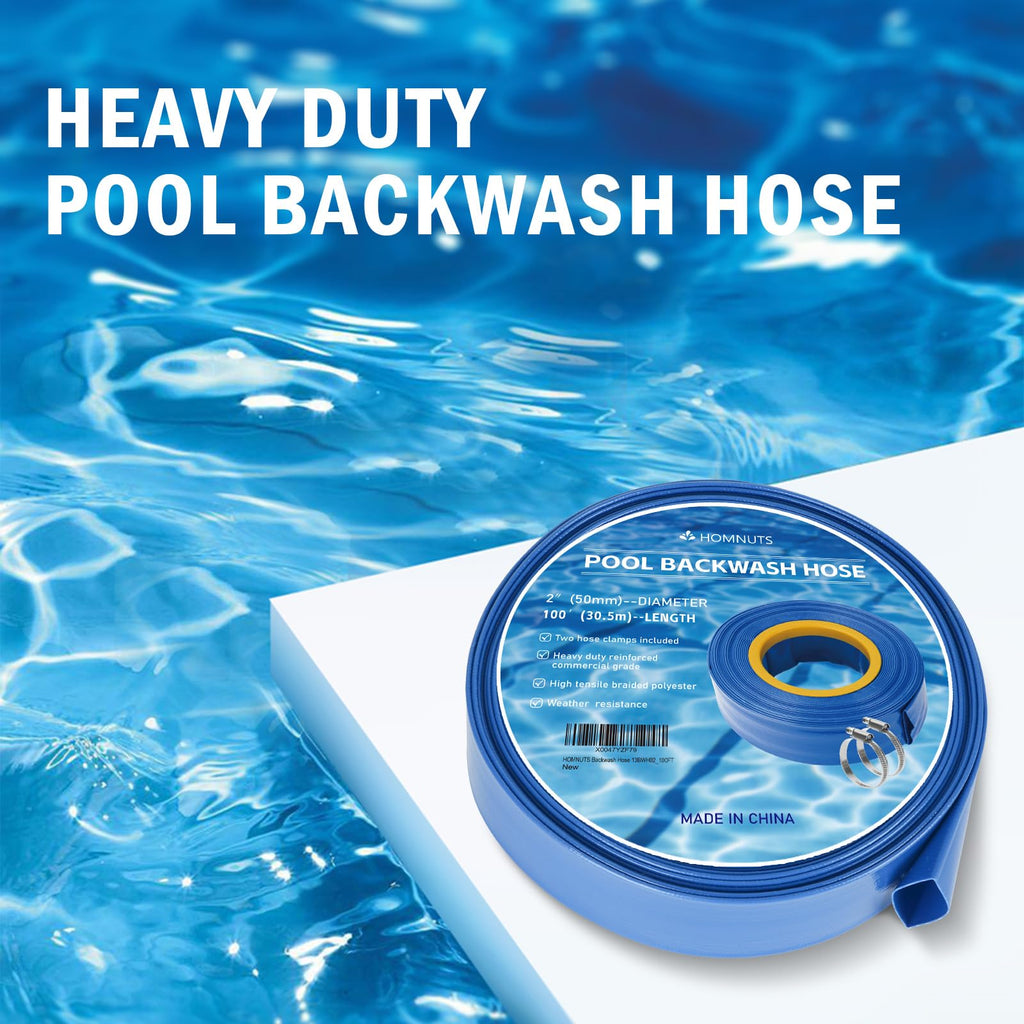 HOMNUTS Pool Backwash Hose 2 IN x 100 FT Blue Pool Pipes with Two Stainless Steel Clamps for Swimming Pool, Garden, Water Transfer