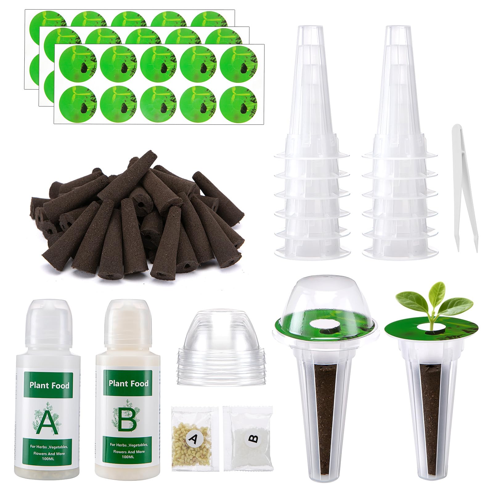 PlantaPulse 129 Pcs Hydroponic Pods Kit with A&B Plant Food, 50 Grow Sponges, 50 Plant Labels, 12 Grow Baskets, 12 Grow Domes and 1 Tweezers - Indoor Hydroponics Supplies