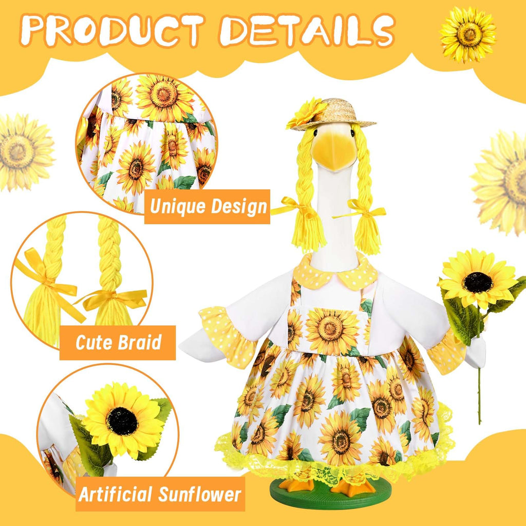 JcHrmers Sunflower Goose Outfit Sunflower Dress and Straw Hat Porch Goose Clothes Fits 23" Cement or Plastic Goose Statue for Spring Summer Outdoor Garden Lawn Yard Patio Decor