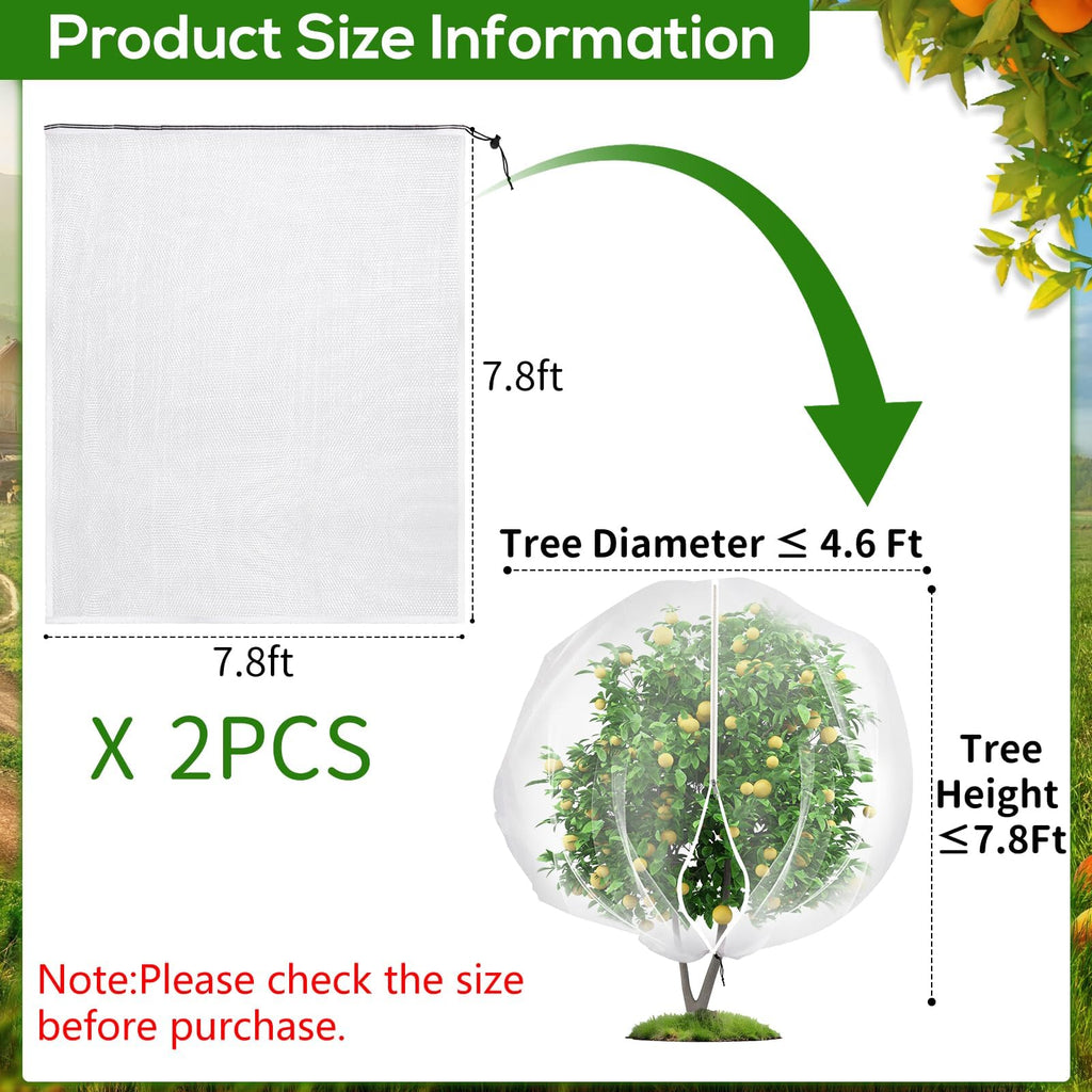 2PCS Large 7.8 x 7.8ft Fruit Tree Netting Cover with Zipper and Drawstring,Garden Insect Netting Plant Cover Transparent Bird Plant Barrier Flower Fruit Mesh Screen for Preventing Deer Squirrel Bugs