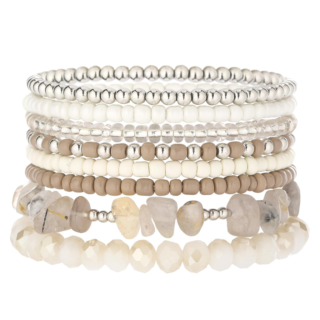 Noessla Boho Beaded Bracelets for Women Stackable Irregular Natural Stone Bead Stretch Bracelet Set 8PCS Costume Jewelry Gifts for Her(Beige)