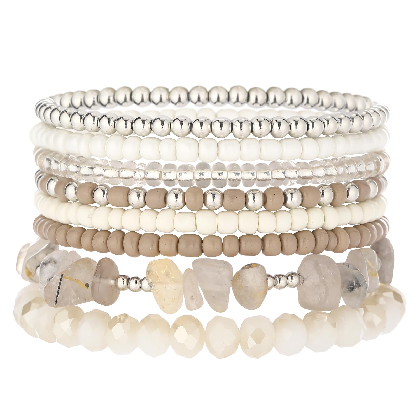 Noessla Boho Beaded Bracelets for Women Stackable Irregular Natural Stone Bead Stretch Bracelet Set 8PCS Costume Jewelry Gifts for Her(Beige)