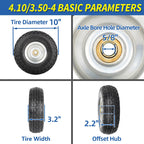 GICOOL 4.10/3.50-4" Flat Free Tire and Wheel, 10" Heavy Duty Solid Tire, 5/8" Axle Bore Hole, 2.2" Offset Hub, for Hand Truck Garden Cart Wagon Trolley Dolly Replacement, 2 Pack