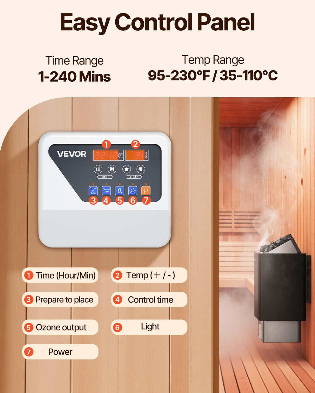 VEVOR Sauna Heater, 9KW 220V Electric Sauna Stove, Steam Bath Sauna Heater with External Digital Controller, 3h Timer & Adjustable Temp for Max. 317-459 Cubic Feet, Home Hotel Spa Shower FCC Certify