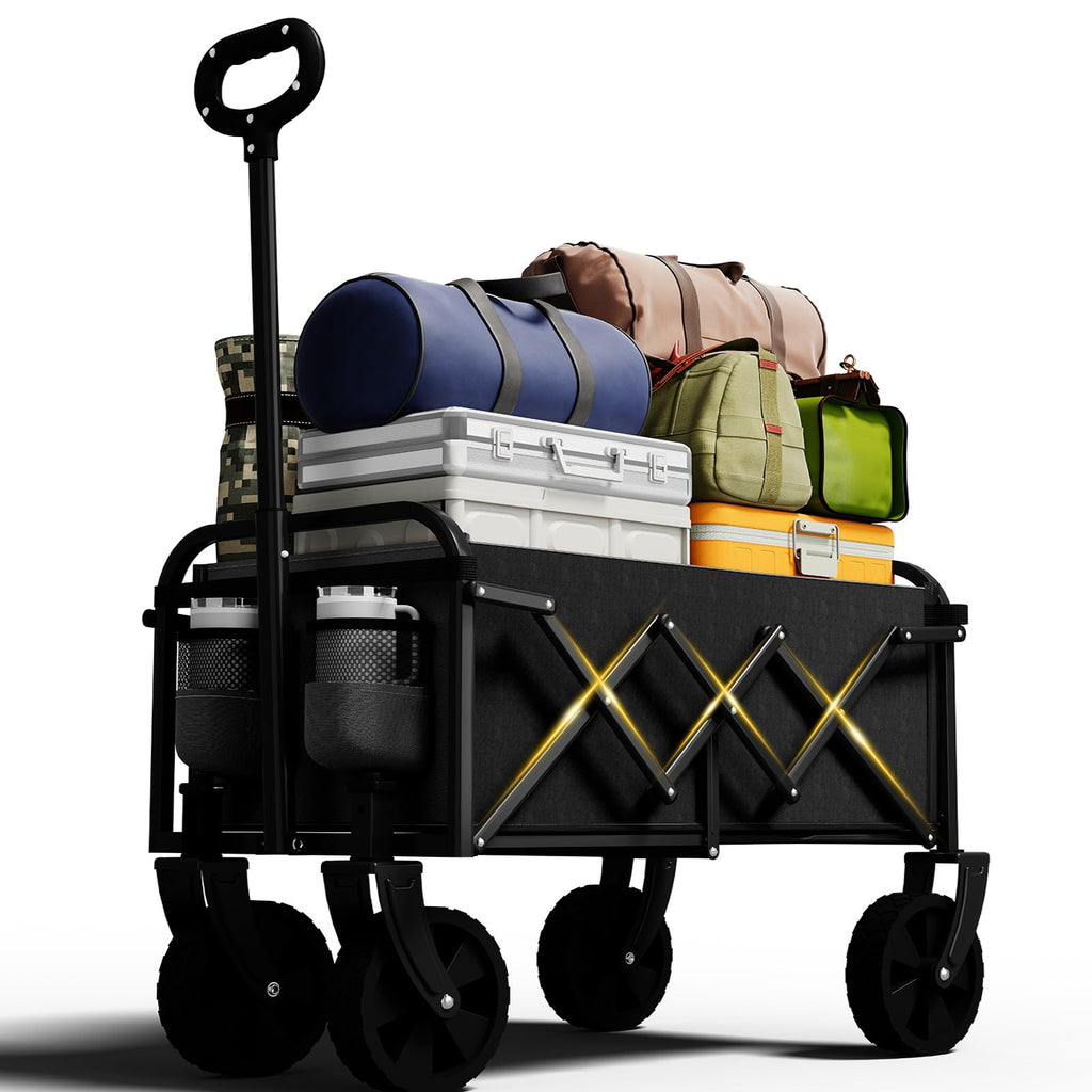 Foldable Wagon, Collapsible Wagon with Wheels, Small Wagons Cart with Flexible Handle, Portable Grocery Utility Wagons for Camping, Garden, Sports, Black