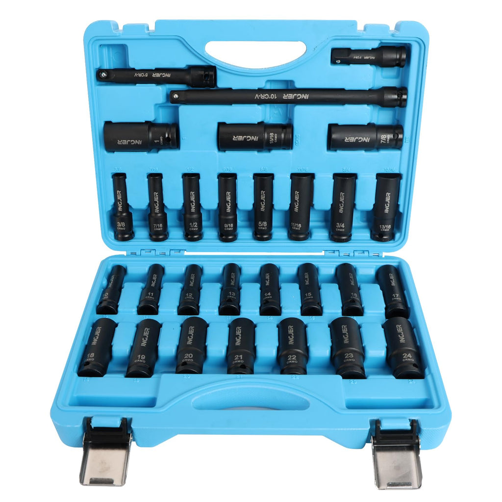 INGJER 1/2" 29PCS Impact Socket Set, Mechanic Tool Set,SAE (3/8"-1") & Metric (10-24mm), Standard & Deep Sockets with Extension Bars. CR-MO Steel, High Torque, Ideal for Truck Bearing Locknut.