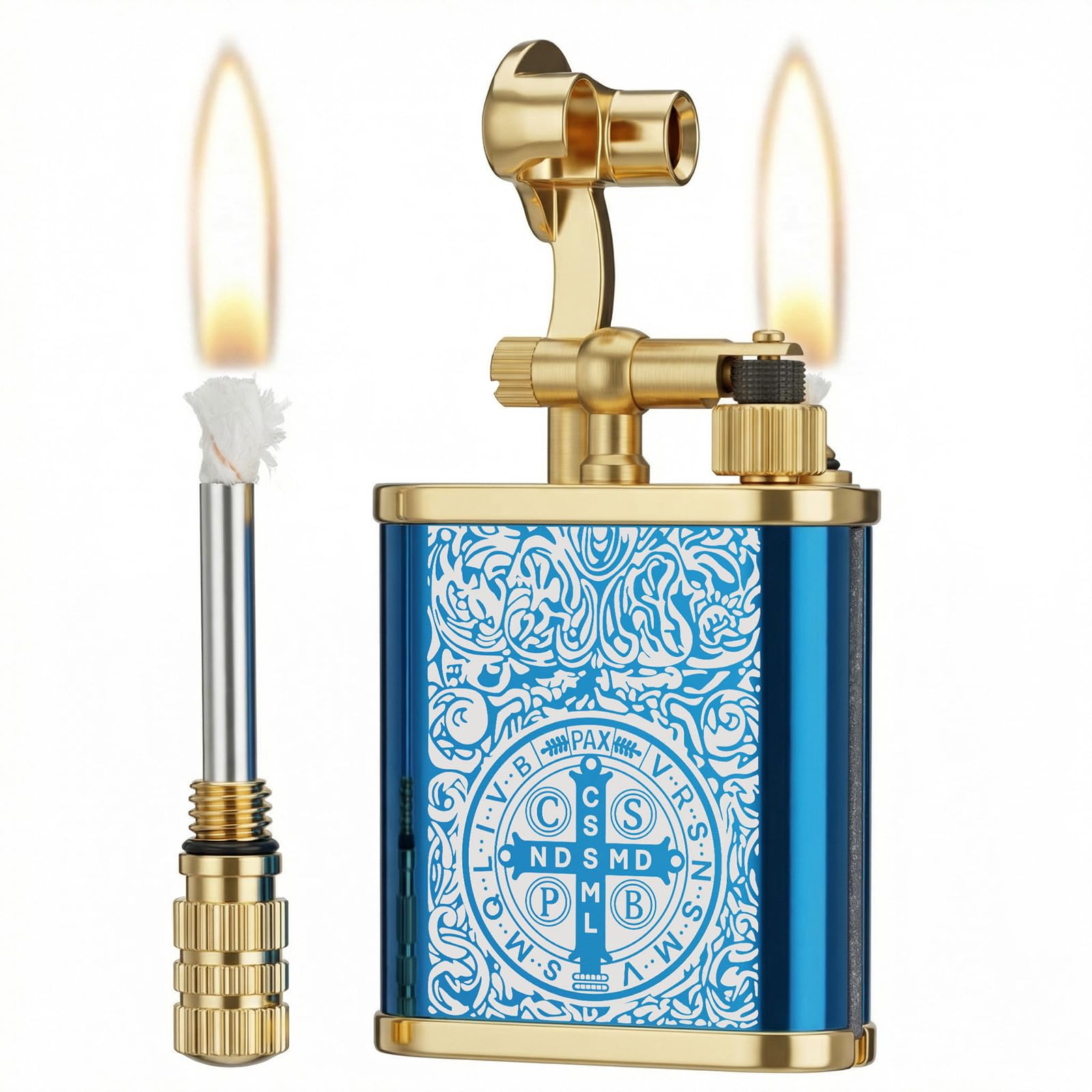 2 in 1 Lighter Permanent Match Antique Style Lift Arm Kerosene Lighter with Permanent Match (Blue Ice Constantine)