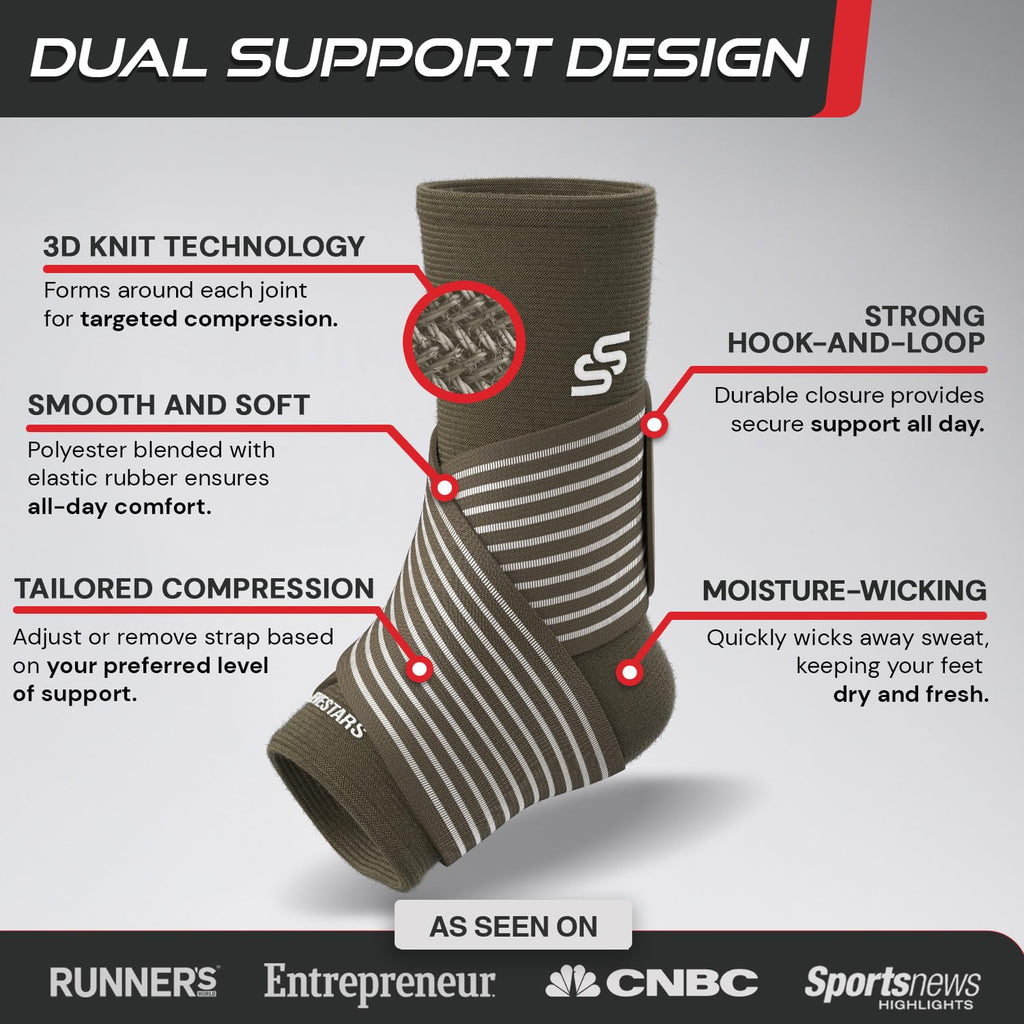 Sleeve Stars Ankle Brace for Women & Men, Ankle Wrap for Sprain, Compression Sleeve for Plantar Fasciitis Relief, Easy Customizable Support: w/ Removable Strap (Single/M:10"-12"/Mocha Brown)