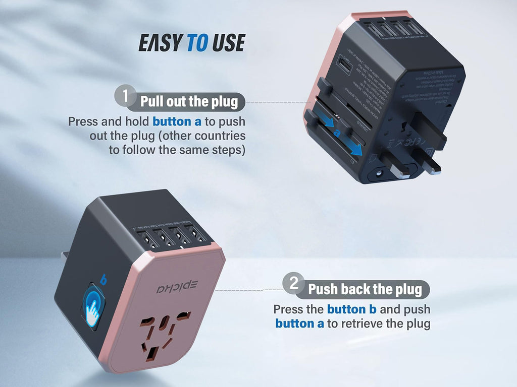 EPICKA Universal Travel Adapter, European Travel Plug Adapter - International Power Adapter Worldwide Charger with USB-C & 4 USB-A Ports, Travel Essentials for Italy, UK, Japan (TA-105, Rose Gold)